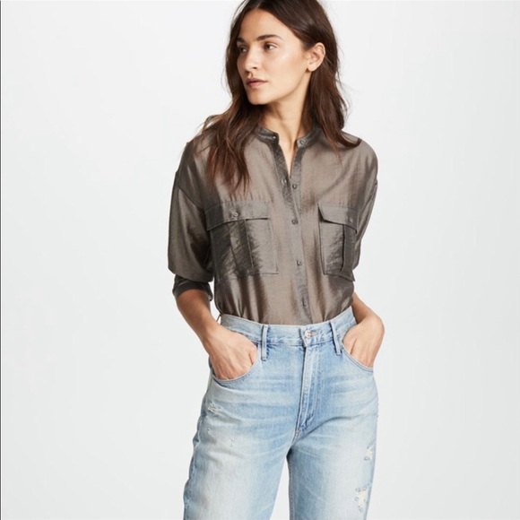 JOIE Lidelle Button Up Sheen Blouse in Moss NWT Size XS - Picture 1 of 13